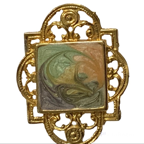 vintage 1980s gold tone open work swirled enamel framed  brooch pin - Picture 4 of 5